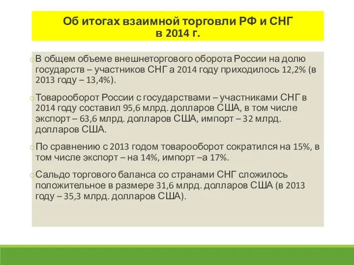 Об итогах взаимной торговли РФ и СНГ в 2014 г. В