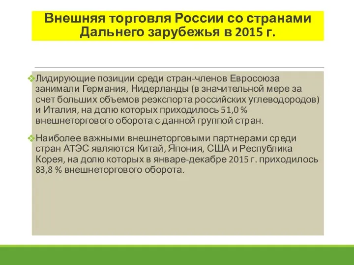 Внешняя торговля России со странами Дальнего зарубежья в 2015 г. Лидирующие