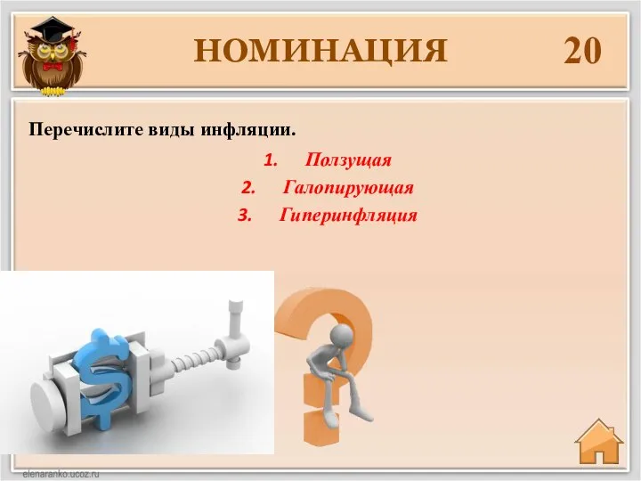 НОМИНАЦИЯ 20 Ползущая Галопирующая Гиперинфляция Перечислите виды инфляции.