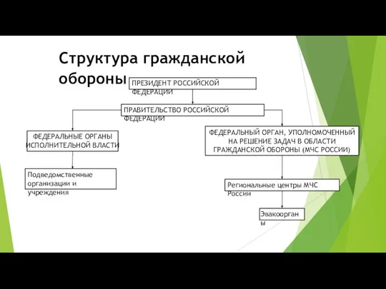 Структура гражданской обороны ПРАВИТЕЛЬСТВО РОССИЙСКОЙ ФЕДЕРАЦИИ ПРЕЗИДЕНТ РОССИЙСКОЙ ФЕДЕРАЦИИ ФЕДЕРАЛЬНЫЕ ОРГАНЫ