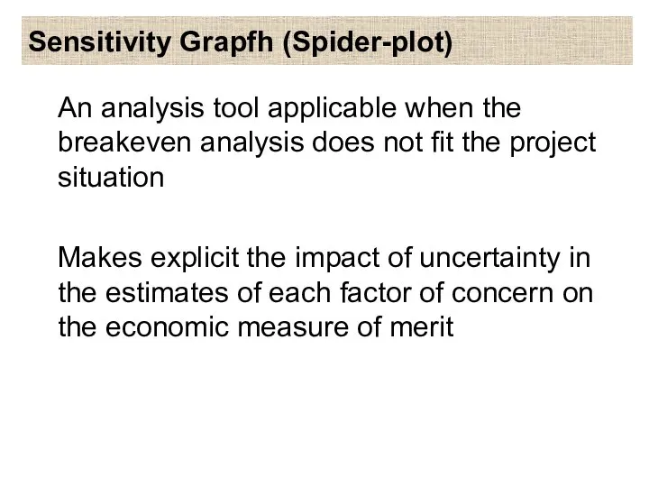 Sensitivity Grapfh (Spider-plot) An analysis tool applicable when the breakeven analysis