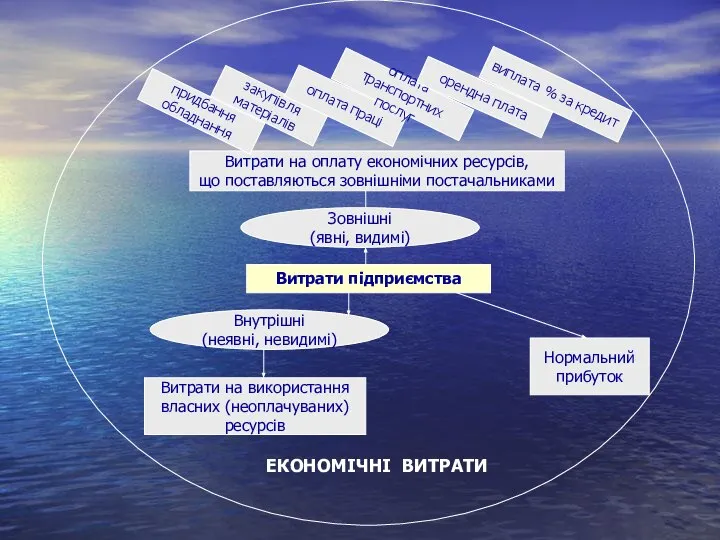 ЕКОНОМІЧНІ ВИТРАТИ Витрати на використання власних (неоплачуваних) ресурсів Нормальний прибуток Внутрішні