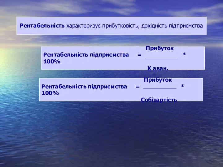 Рентабельність характеризує прибутковість, дохідність підприємства Прибуток Рентабельність підприємства = * 100%