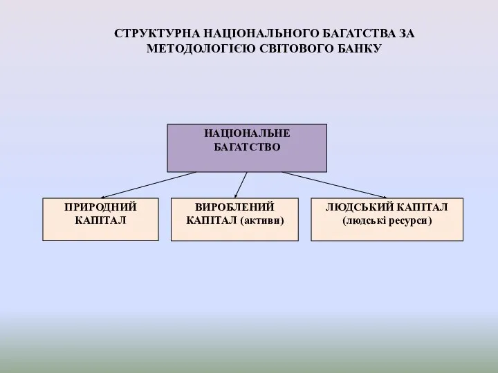 НАЦІОНАЛЬНЕ БАГАТСТВО ПРИРОДНИЙ КАПІТАЛ ВИРОБЛЕНИЙ КАПІТАЛ (активи) ЛЮДСЬКИЙ КАПІТАЛ (людські ресурси)