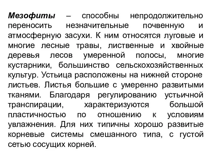 Мезофиты – способны непродолжительно переносить незначительные почвенную и атмосферную засухи. К