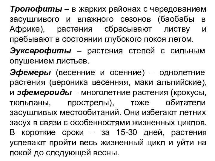 Тропофиты – в жарких районах с чередованием засушливого и влажного сезонов