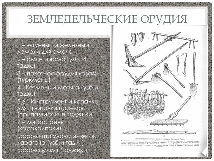 ЗЕМЛЕДЕЛЬЧЕСКИЕ ОРУДИЯ 1 – чугунный и железный лемехи для омача 2