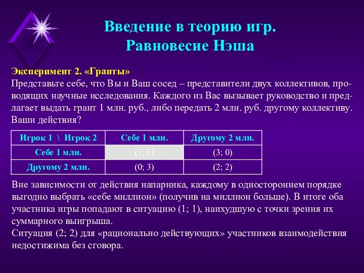 Введение в теорию игр. Равновесие Нэша Эксперимент 2. «Гранты» Представьте себе,