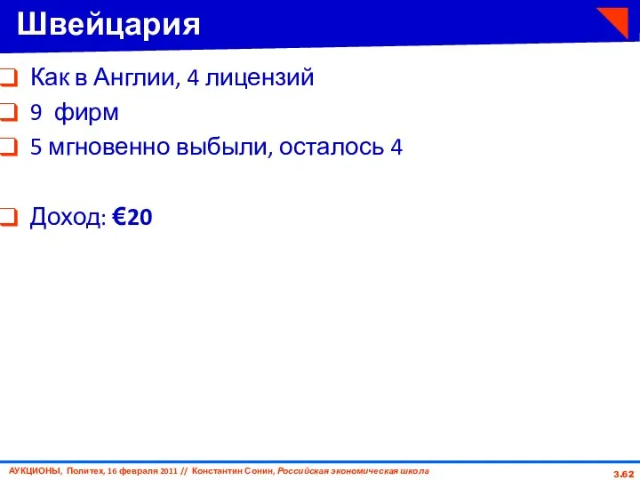 3. Швейцария Как в Англии, 4 лицензий 9 фирм 5 мгновенно выбыли, осталось 4 Доход: €20