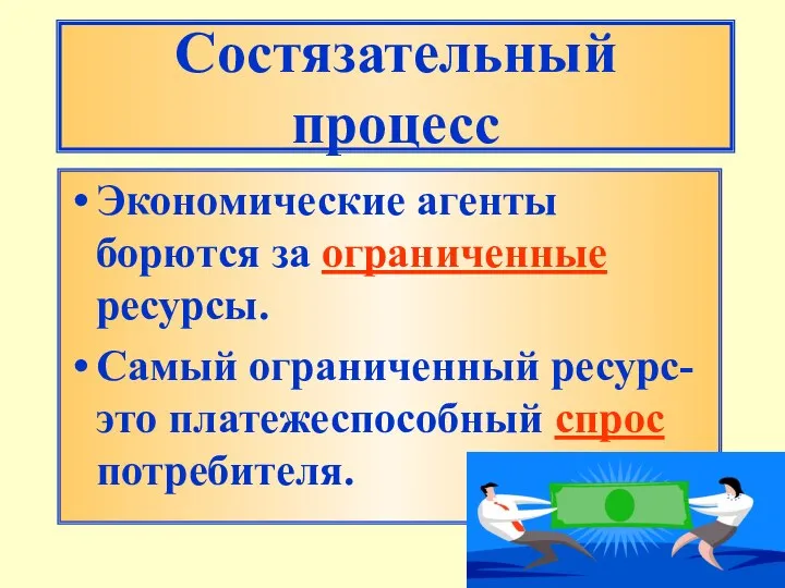 Состязательный процесс Экономические агенты борются за ограниченные ресурсы. Самый ограниченный ресурс- это платежеспособный спрос потребителя.