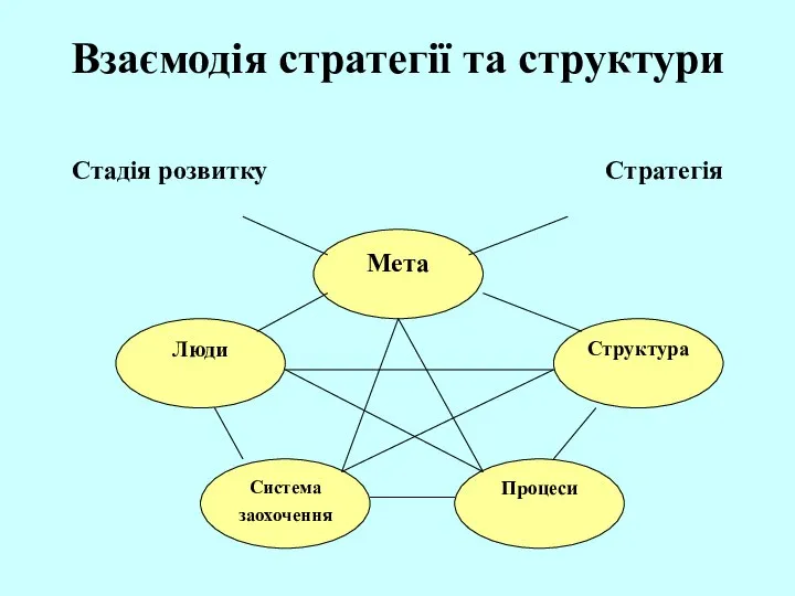 Взаємодія стратегії та структури Стадія розвитку Стратегія