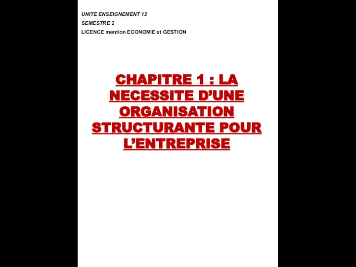 CHAPITRE 1 : LA NECESSITE D’UNE ORGANISATION STRUCTURANTE POUR L’ENTREPRISE UNITE