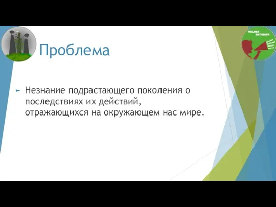 Проблема Незнание подрастающего поколения о последствиях их действий, отражающихся на окружающем нас мире.