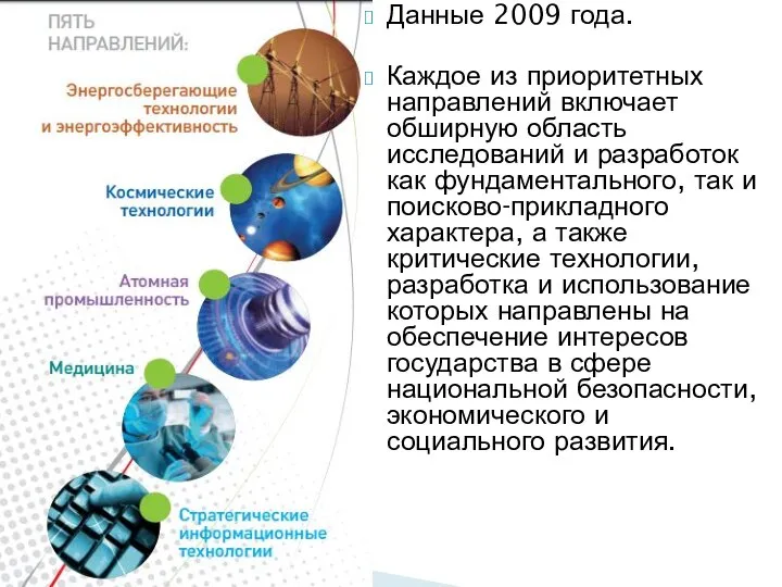 Данные 2009 года. Каждое из приоритетных направлений включает обширную область исследований