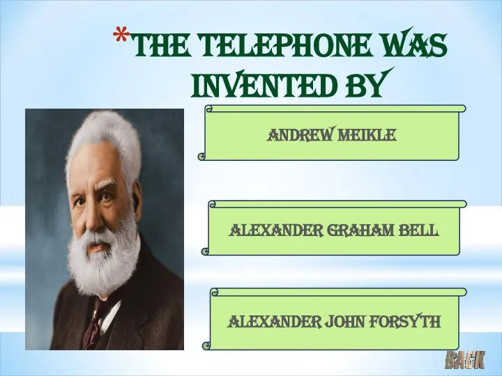 The telephone was invented by Andrew Meikle Alexander Graham Bell Alexander John Forsyth