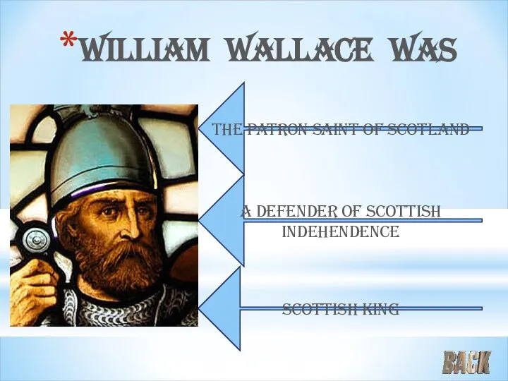 William Wallace was A defender of Scottish indehendence The patron saint of Scotland Scottish king