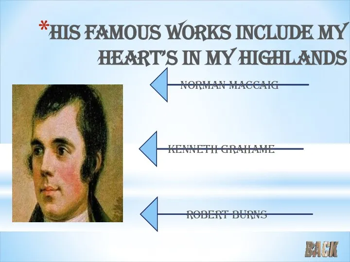 His famous works include my heart’s in my highlands Kenneth Grahame Norman Maccaig Robert Burns