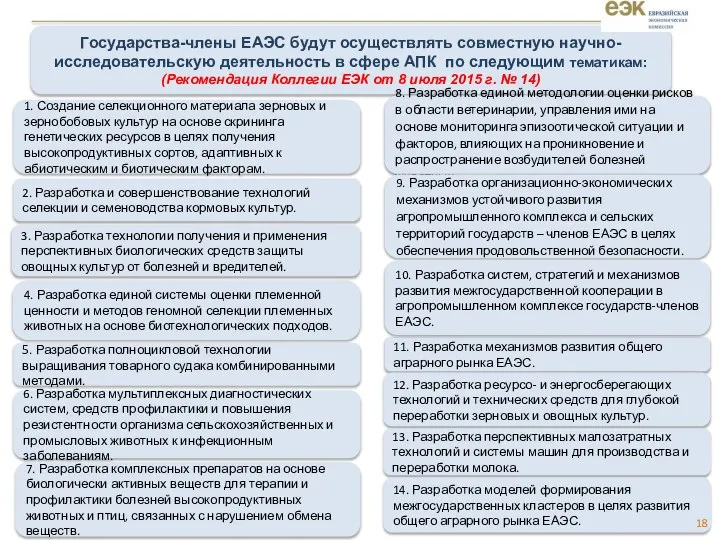 Государства-члены ЕАЭС будут осуществлять совместную научно-исследовательскую деятельность в сфере АПК по