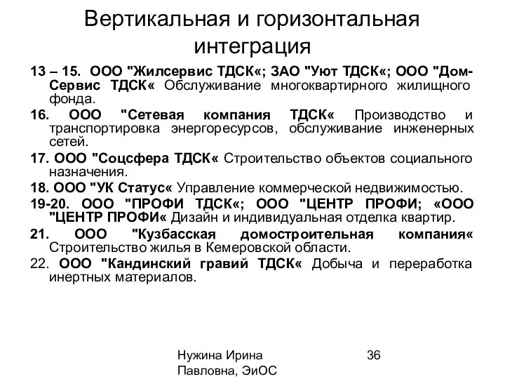 Нужина Ирина Павловна, ЭиОС Вертикальная и горизонтальная интеграция 13 – 15.