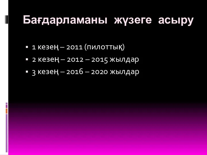 Бағдарламаны жүзеге асыру 1 кезең – 2011 (пилоттық) 2 кезең –