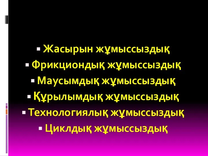 Жасырын жұмыссыздық Фрикциондық жұмыссыздық Маусымдық жұмыссыздық Құрылымдық жұмыссыздық Технологиялық жұмыссыздық Циклдық жұмыссыздық Жұмыссыздық түрлері: