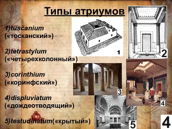 Типы атриумов 1)tuscanium («тосканский») 2)tetrastylum («четырехколонный») 3)corinthium («коринфский») 4)displuviatum («дождеотводящий») 5)testudinatum(«крытый»)