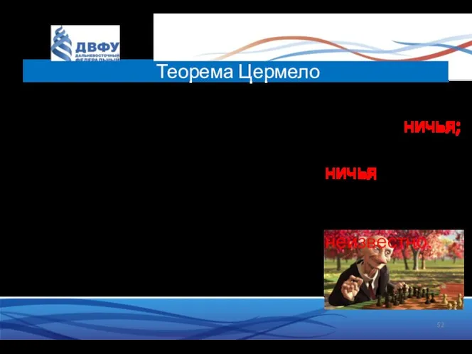 Теорема Цермело Zermelo, 1913: Во всякой детерминированной конечной игре двух игроков,