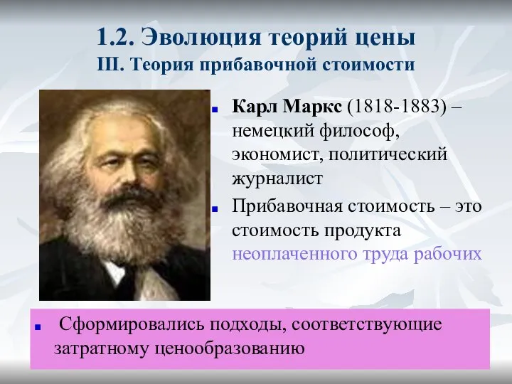 1.2. Эволюция теорий цены III. Теория прибавочной стоимости Карл Маркс (1818-1883)