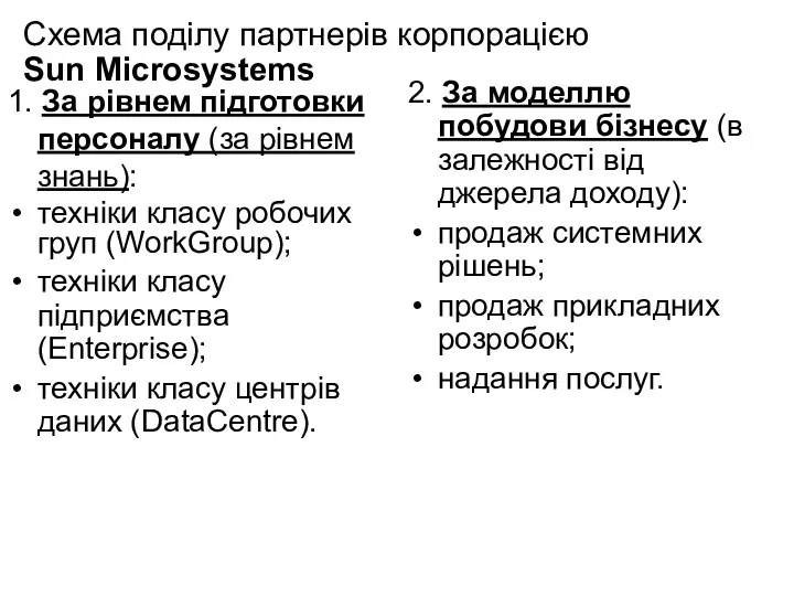 Схема поділу партнерів корпорацією Sun Microsystems 1. За рівнем підготовки персоналу