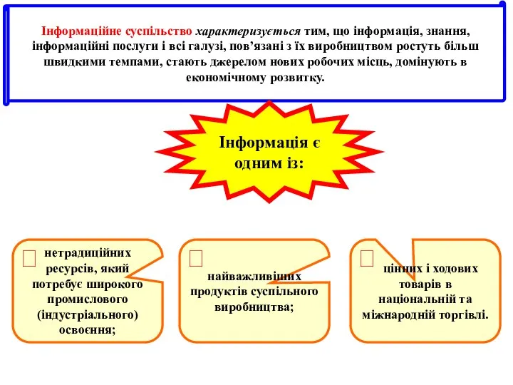 Інформаційне суспільство характеризується тим, що інформація, знання, інформаційні послуги і всі