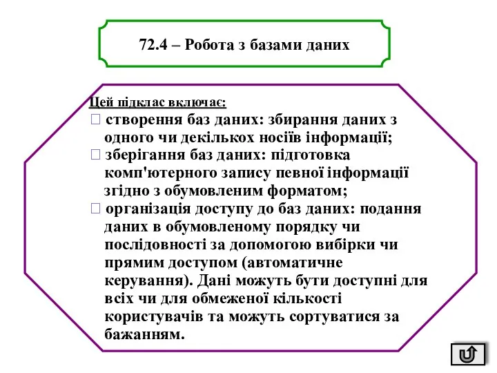 72.4 – Робота з базами даних Цей підклас включає: ? створення