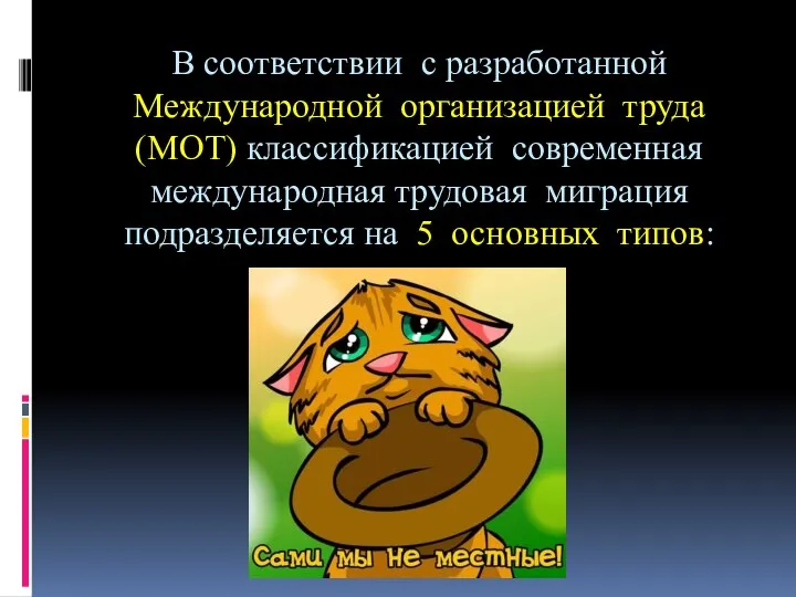 В соответствии с разработанной Международной организацией труда (МОТ) классификацией современная международная