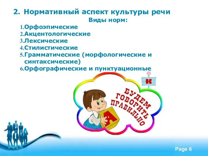 2. Нормативный аспект культуры речи Виды норм: Орфоэпические Акцентологические Лексические Стилистические