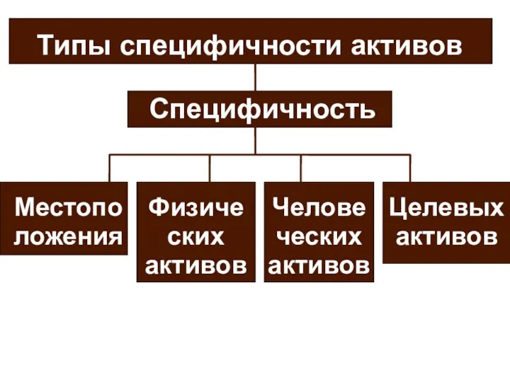 Типы специфичности активов Специфичность Местопо ложения Физиче ских активов Челове ческих активов Целевых активов