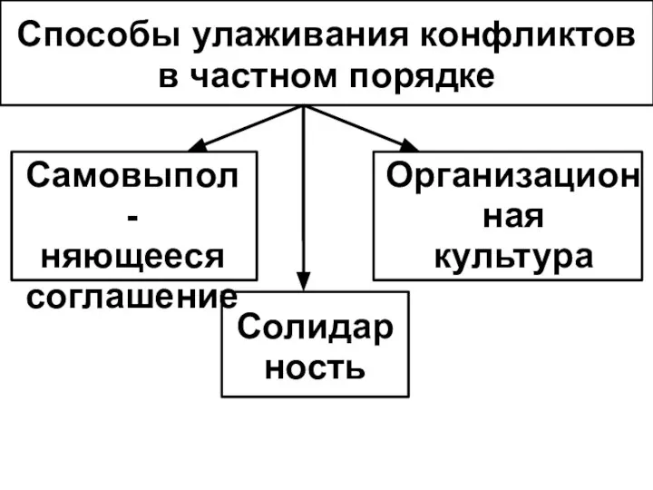 Способы улаживания конфликтов в частном порядке Cамовыпол- няющееся соглашение Организацион ная культура Солидар ность