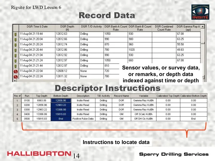 Record Data Sensor values, or survey data, or remarks, or depth