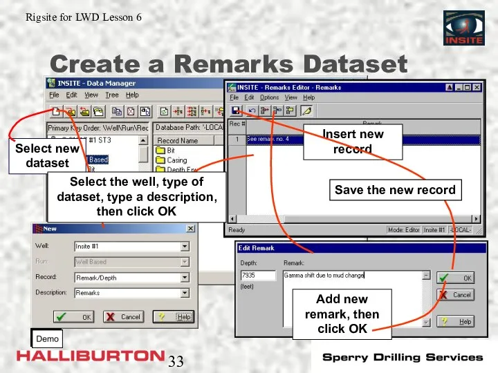 Create a Remarks Dataset Insert new record Select the well, type