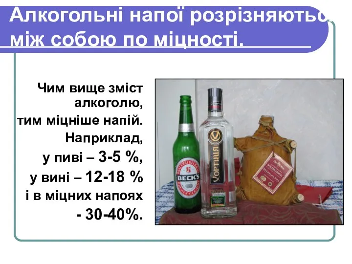 Алкогольні напої розрізняються між собою по міцності. Чим вище зміст алкоголю,