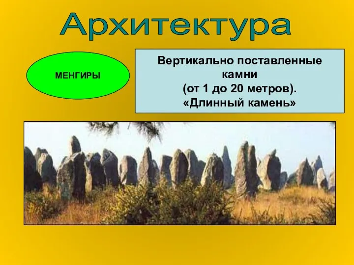 Архитектура МЕНГИРЫ Вертикально поставленные камни (от 1 до 20 метров). «Длинный камень»