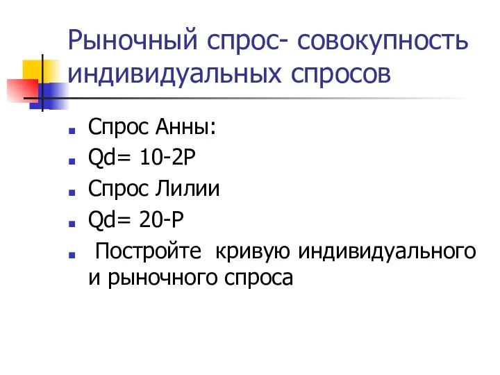 Рыночный спрос- совокупность индивидуальных спросов Спрос Анны: Qd= 10-2P Спрос Лилии