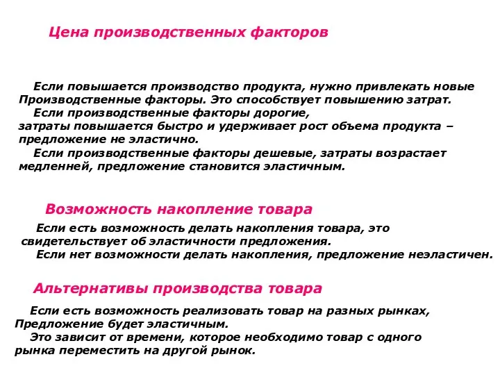 Цена производственных факторов Если повышается производство продукта, нужно привлекать новые Производственные