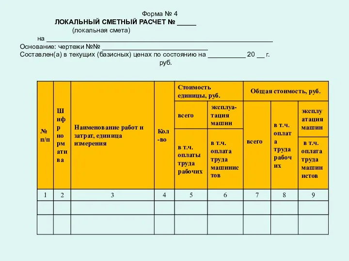 Форма № 4 ЛОКАЛЬНЫЙ СМЕТНЫЙ РАСЧЕТ № _____ (локальная смета) на