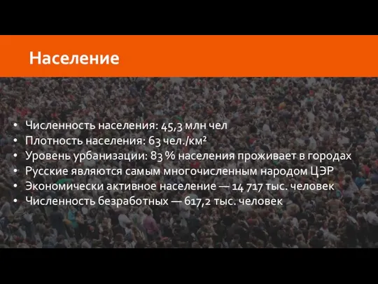 Численность населения: 45,3 млн чел Плотность населения: 63 чел./км² Уровень урбанизации: