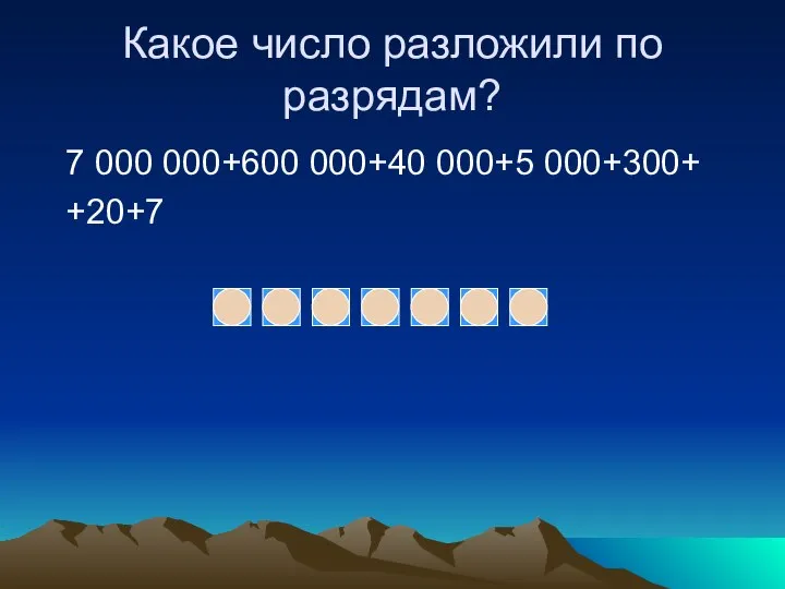 Какое число разложили по разрядам? 7 000 000+600 000+40 000+5 000+300+