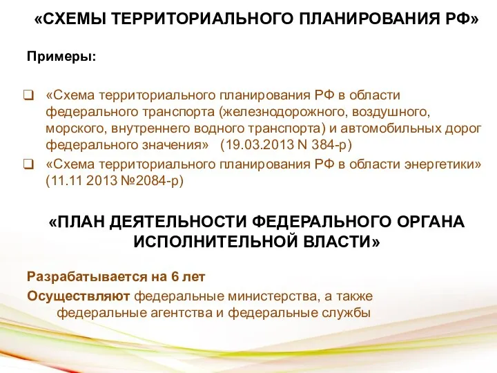 «СХЕМЫ ТЕРРИТОРИАЛЬНОГО ПЛАНИРОВАНИЯ РФ» Примеры: «Схема территориального планирования РФ в области