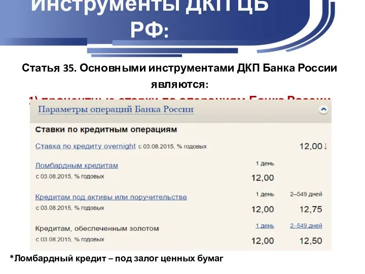 Инструменты ДКП ЦБ РФ: Статья 35. Основными инструментами ДКП Банка России