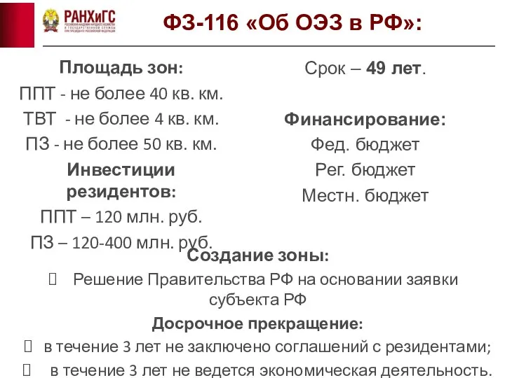 ФЗ-116 «Об ОЭЗ в РФ»: Площадь зон: ППТ - не более