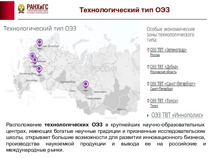 Технологический тип ОЭЗ Расположение технологических ОЭЗ в крупнейших научно-образовательных центрах, имеющих