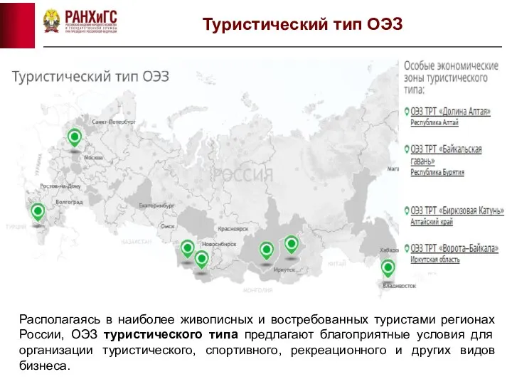 Туристический тип ОЭЗ Располагаясь в наиболее живописных и востребованных туристами регионах