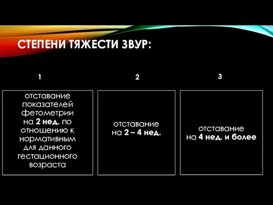 СТЕПЕНИ ТЯЖЕСТИ ЗВУР: 1 отставание показателей фетометрии на 2 нед. по